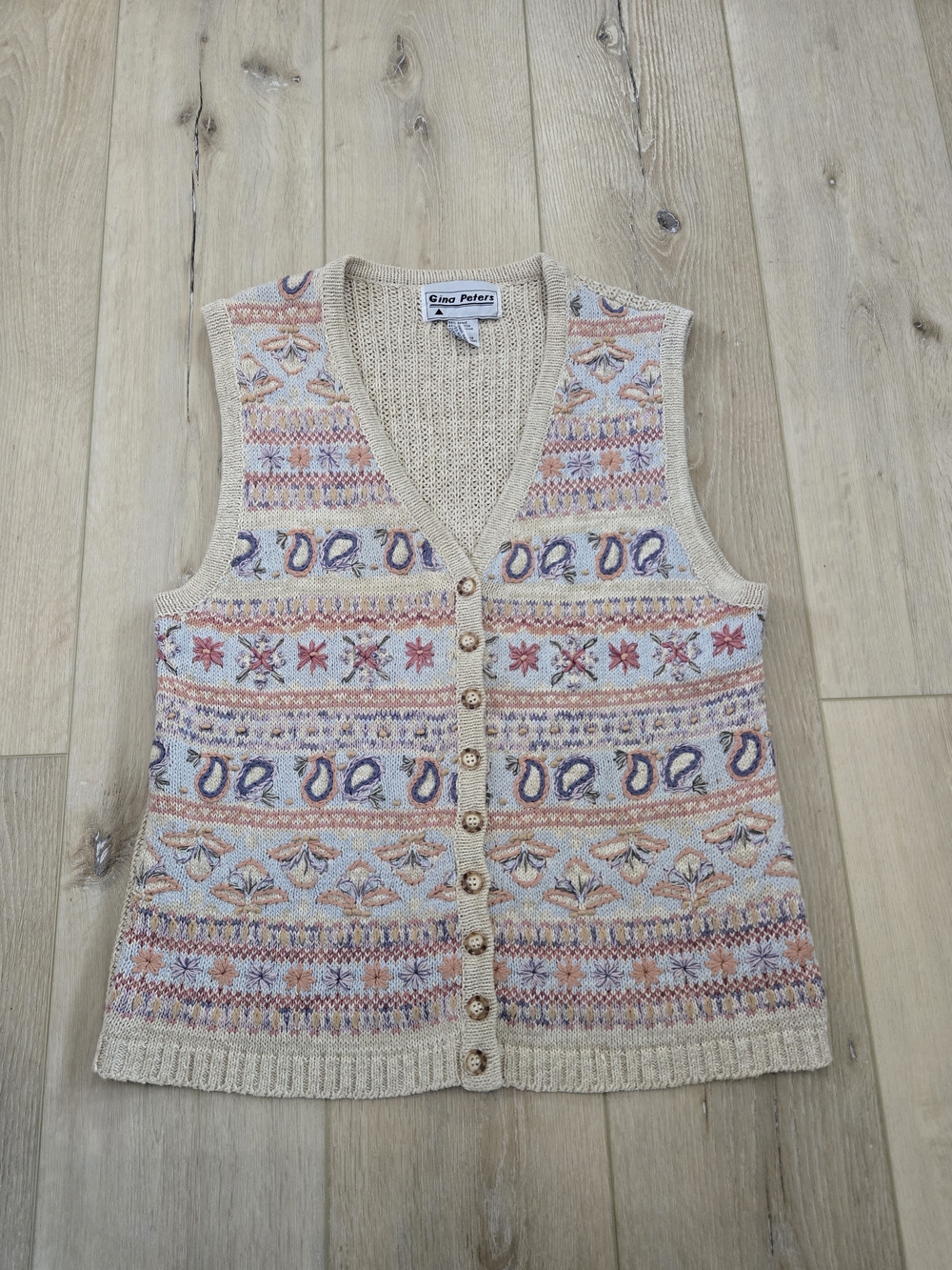 Gina Peters VNTG Womens Knit V-Neck Button Front Sleeveless Sweater Vest S Beige